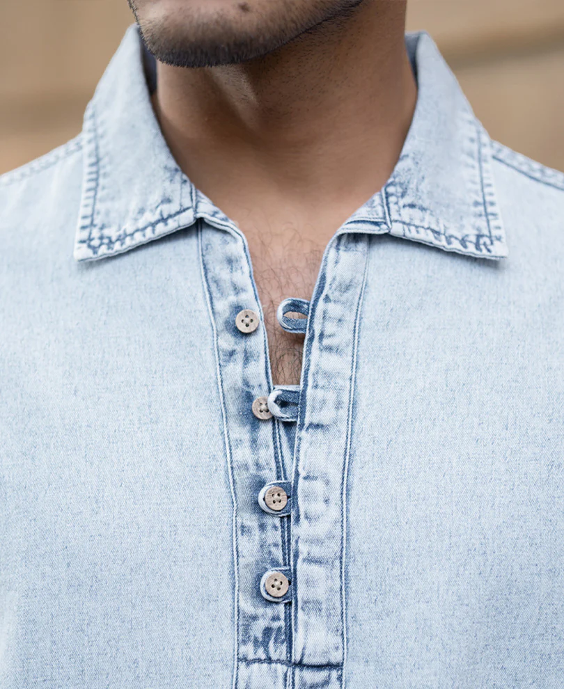 Light Blue Denim Kurta Shirt - Image 4