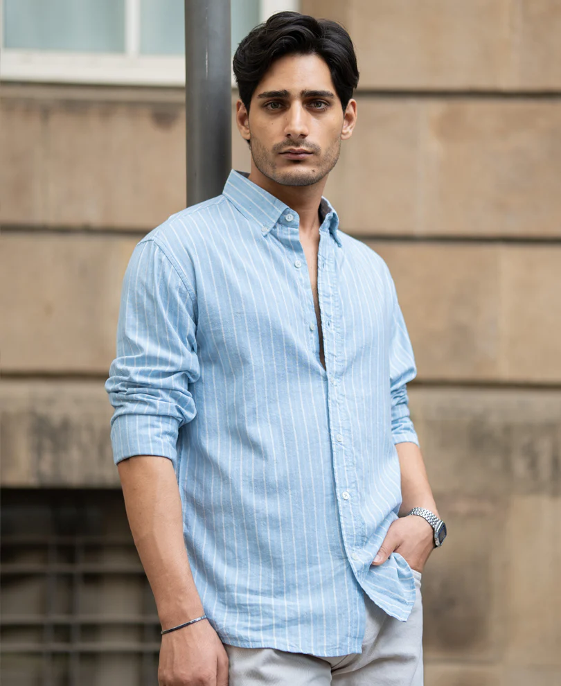Light Blue Linen Stripe Shirt - Image 4
