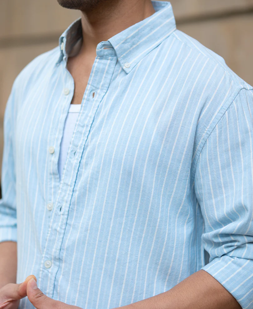 Light Blue Linen Stripe Shirt - Image 5
