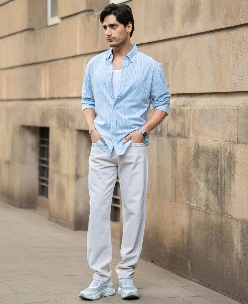 Light Blue Linen Stripe Shirt - Image 7