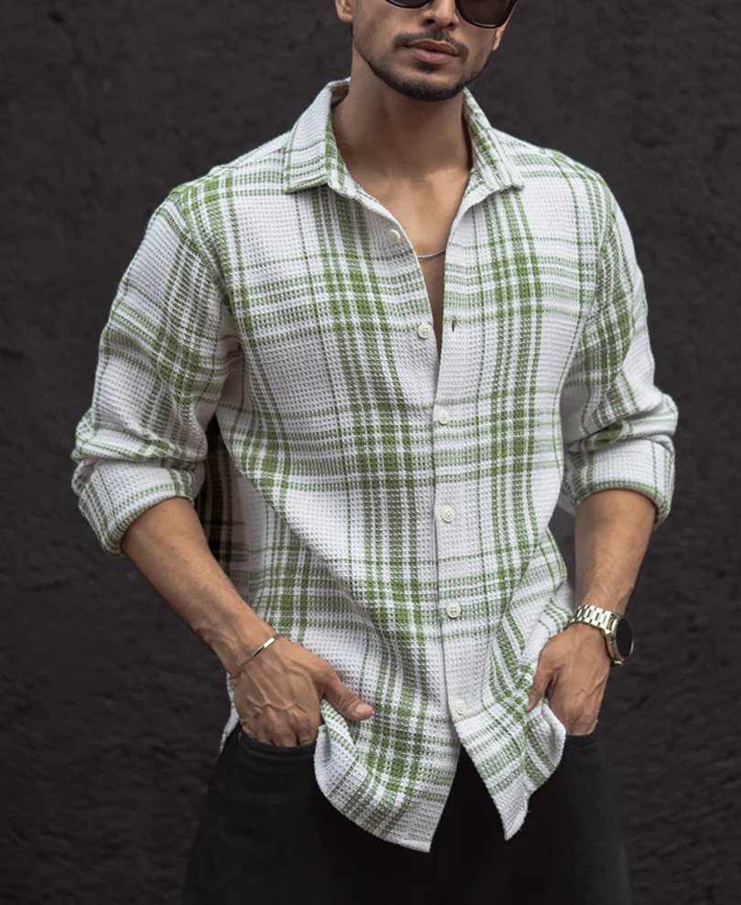 Light Green Waffle Checks Regular Fit Full Sleeves Shirt