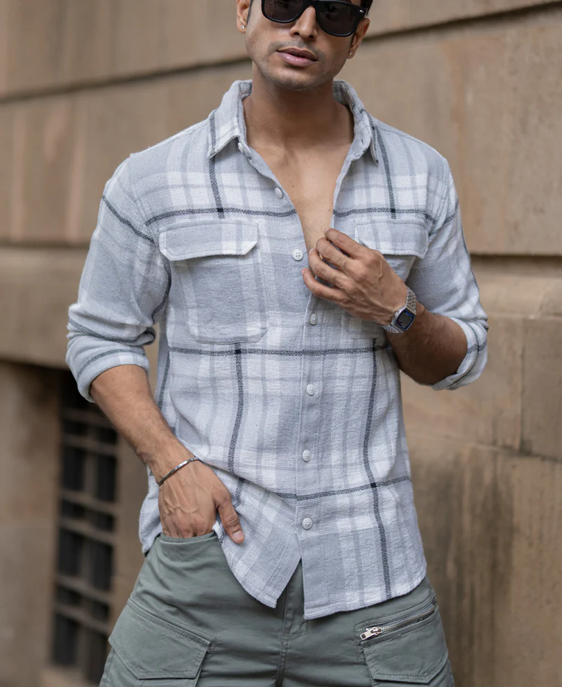 Light Grey Structured Checks Shacket Oversize Drop Shoulder Shirt - Image 2