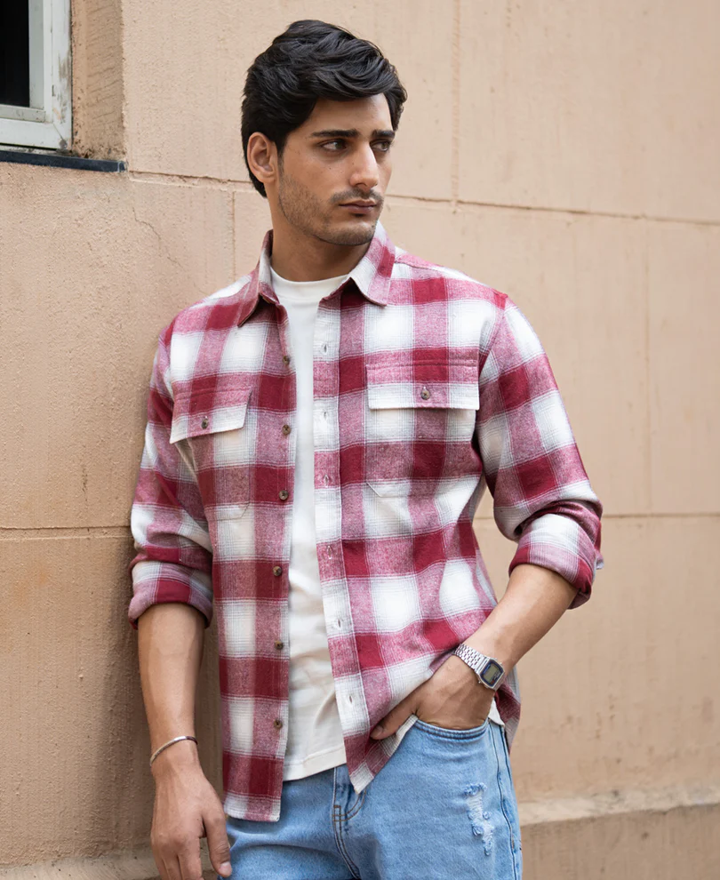 Maroon Checks Double Pocket Shirt