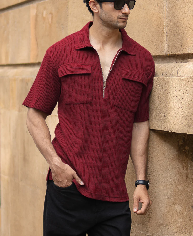 Maroon Zipper Polo With Pockets - Image 3