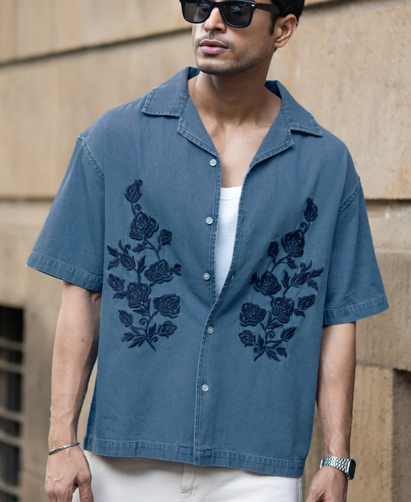 Mid Blue Embroidered Denim Shirt - Image 2