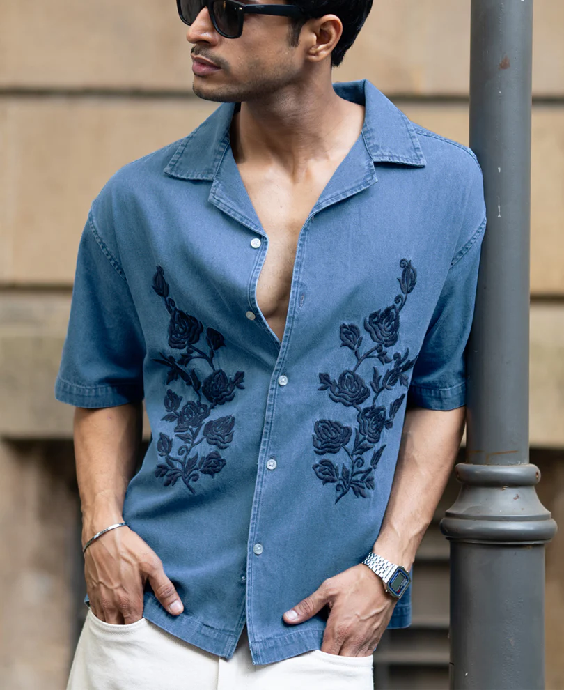 Mid Blue Embroidered Denim Shirt - Image 3