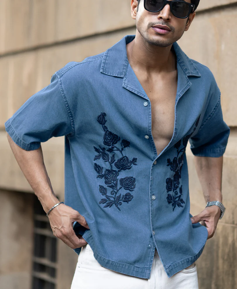 Mid Blue Embroidered Denim Shirt - Image 4