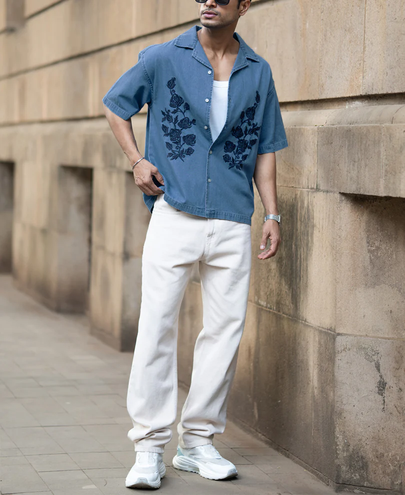 Mid Blue Embroidered Denim Shirt - Image 8