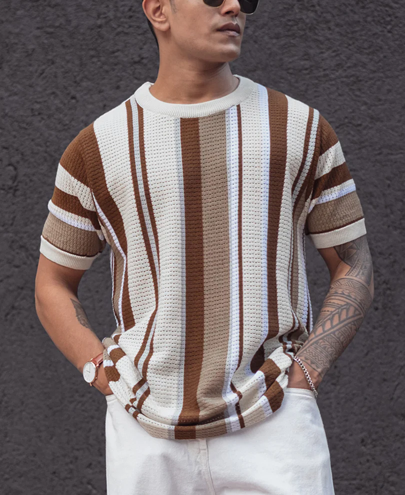 Multicolor Regular Fit Striped Half Sleeves T Shirt - Image 2