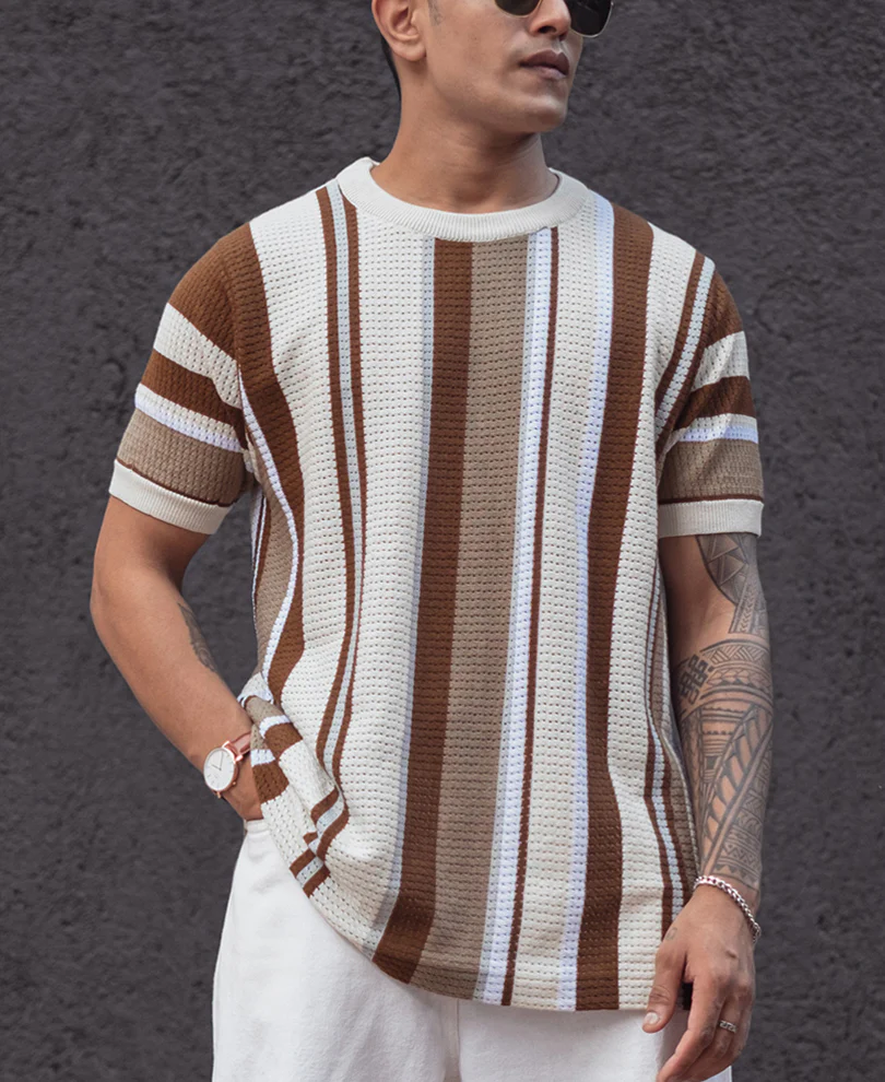 Multicolor Regular Fit Striped Half Sleeves T Shirt - Image 3