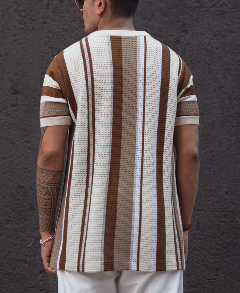 Multicolor Regular Fit Striped Half Sleeves T Shirt - Image 4