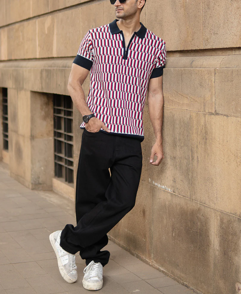 Multicolour Jacquard Knit Polo T-Shirt