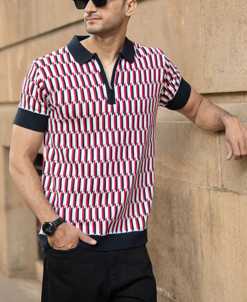 Multicolour Jacquard Knit Polo T-Shirt - Image 2