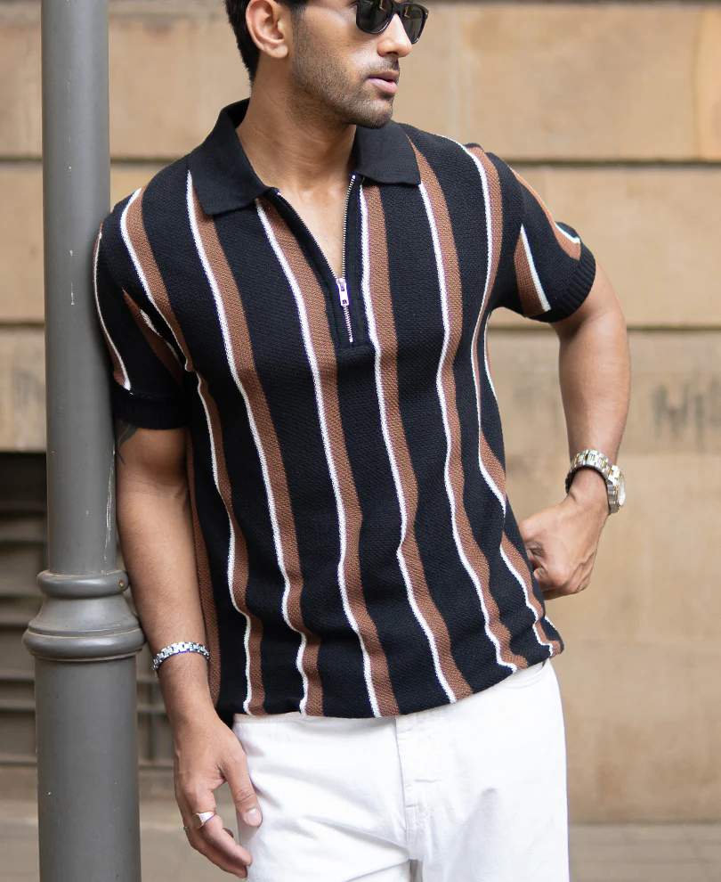 Multicolour Knitted Stripe Zipper T-Shirt - Image 2