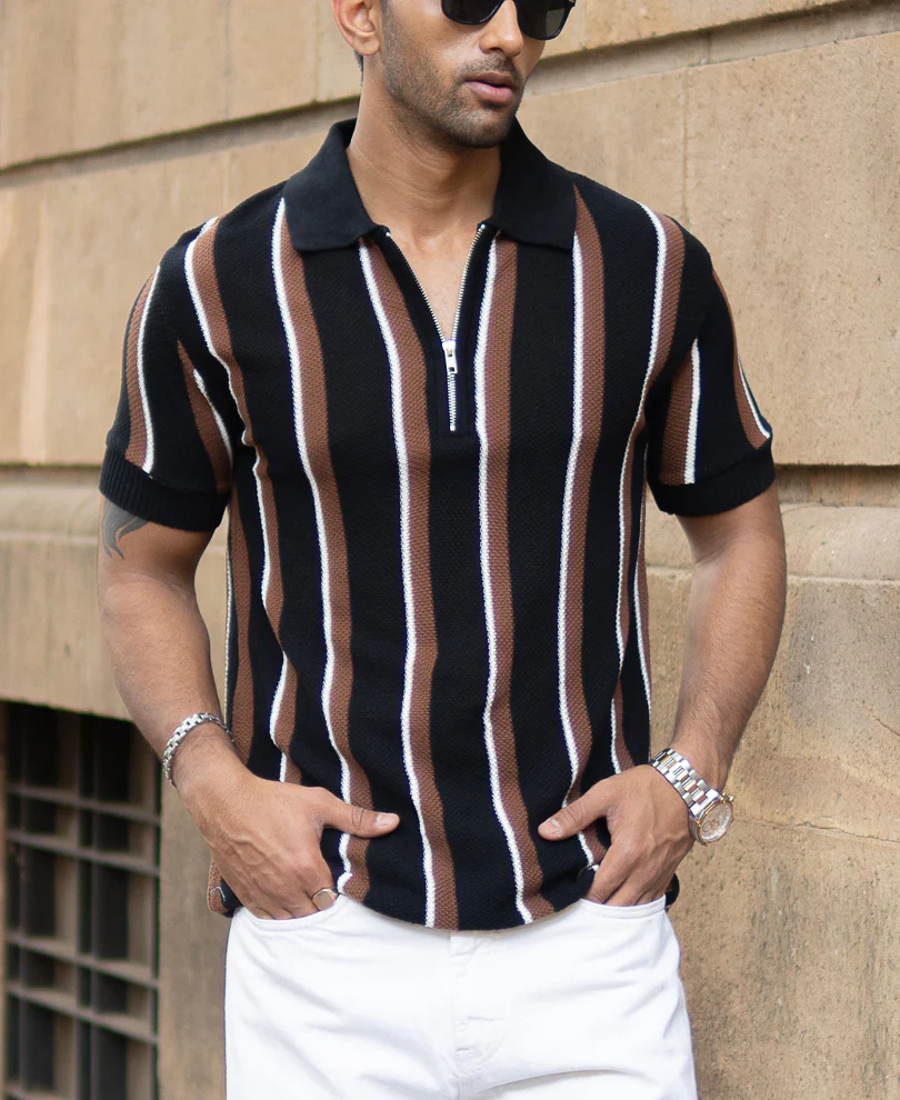 Multicolour Knitted Stripe Zipper T-Shirt - Image 3