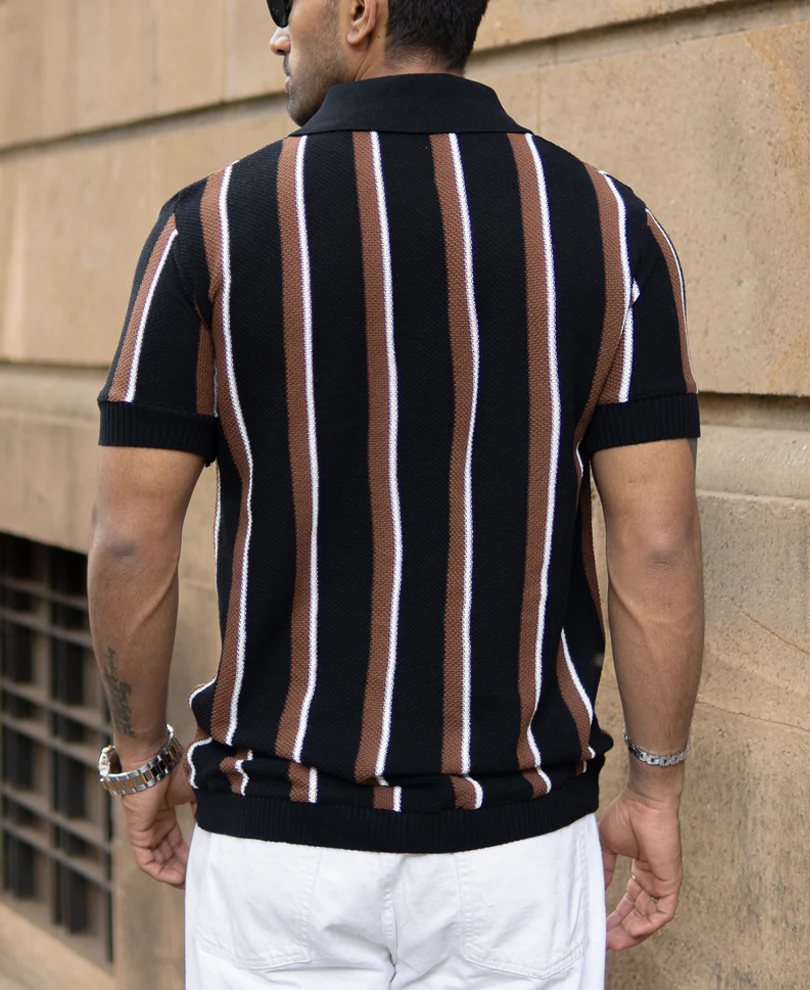 Multicolour Knitted Stripe Zipper T-Shirt - Image 6