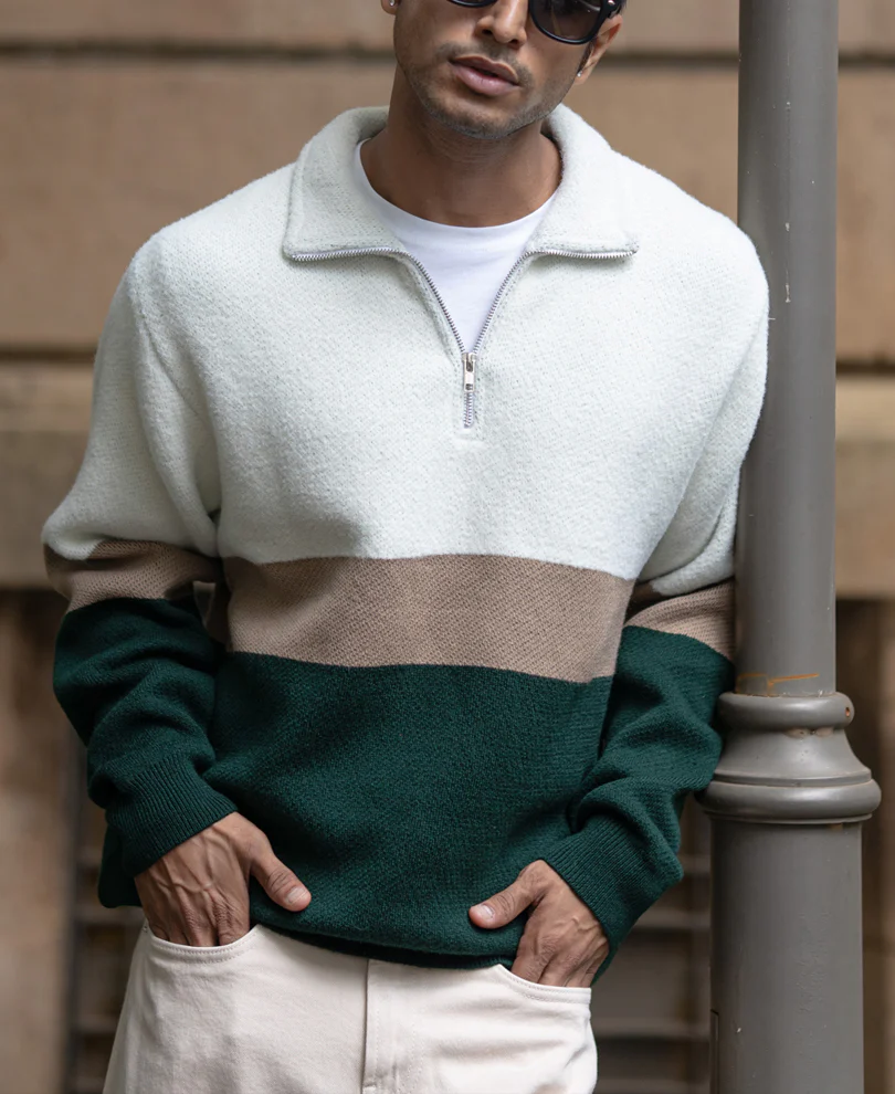 Multicolour Striped Zipper Sweater