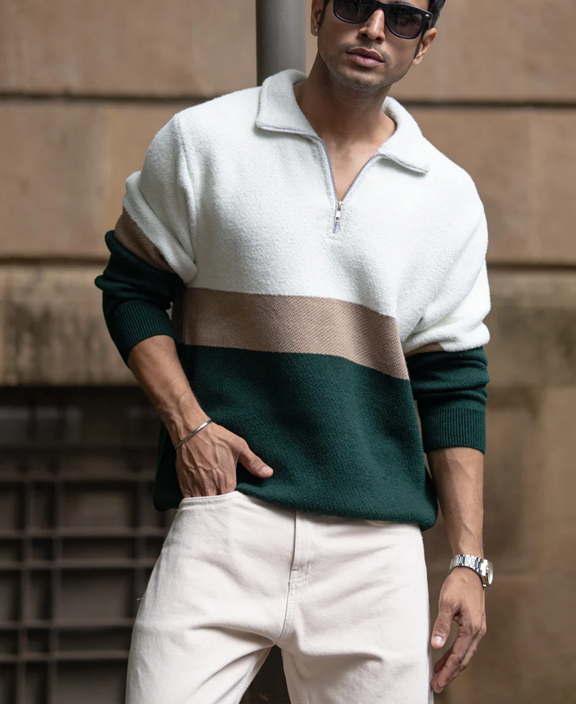 Multicolour Striped Zipper Sweater - Image 2