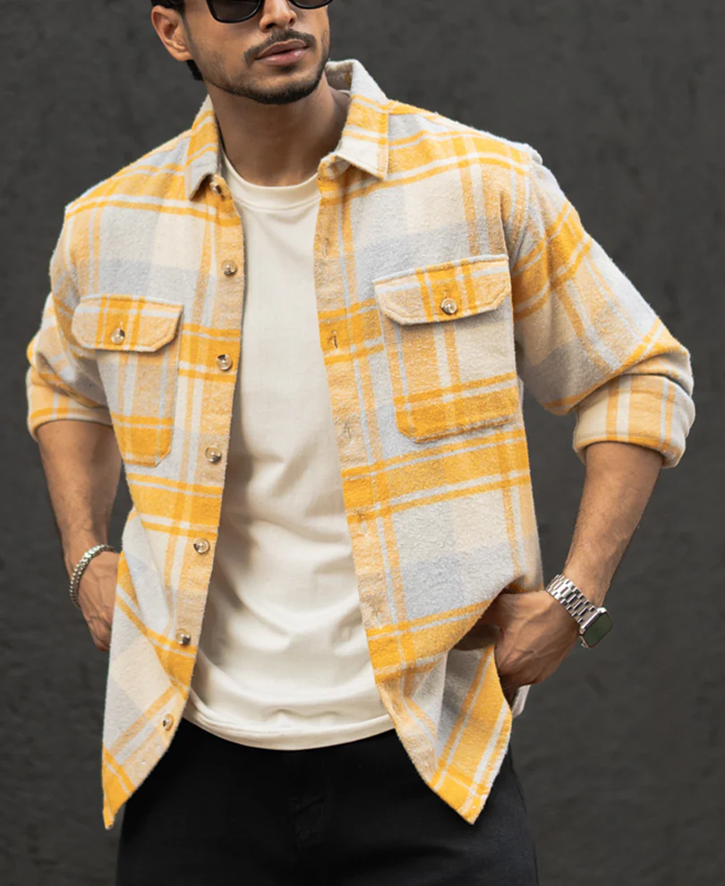 Mustard And Off-White Checks Regular Fit Full Sleeves Shirt - Image 2