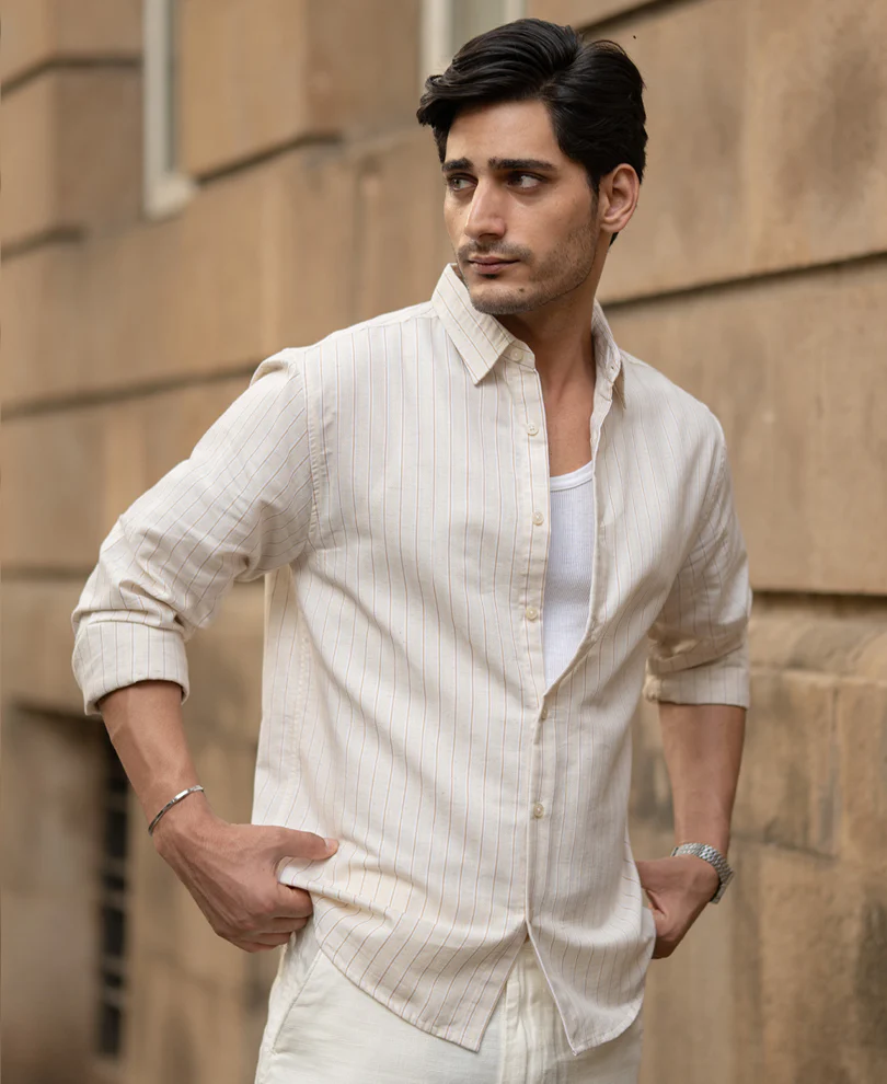 Mustard & Beige Linen Stripe Shirt - Image 2