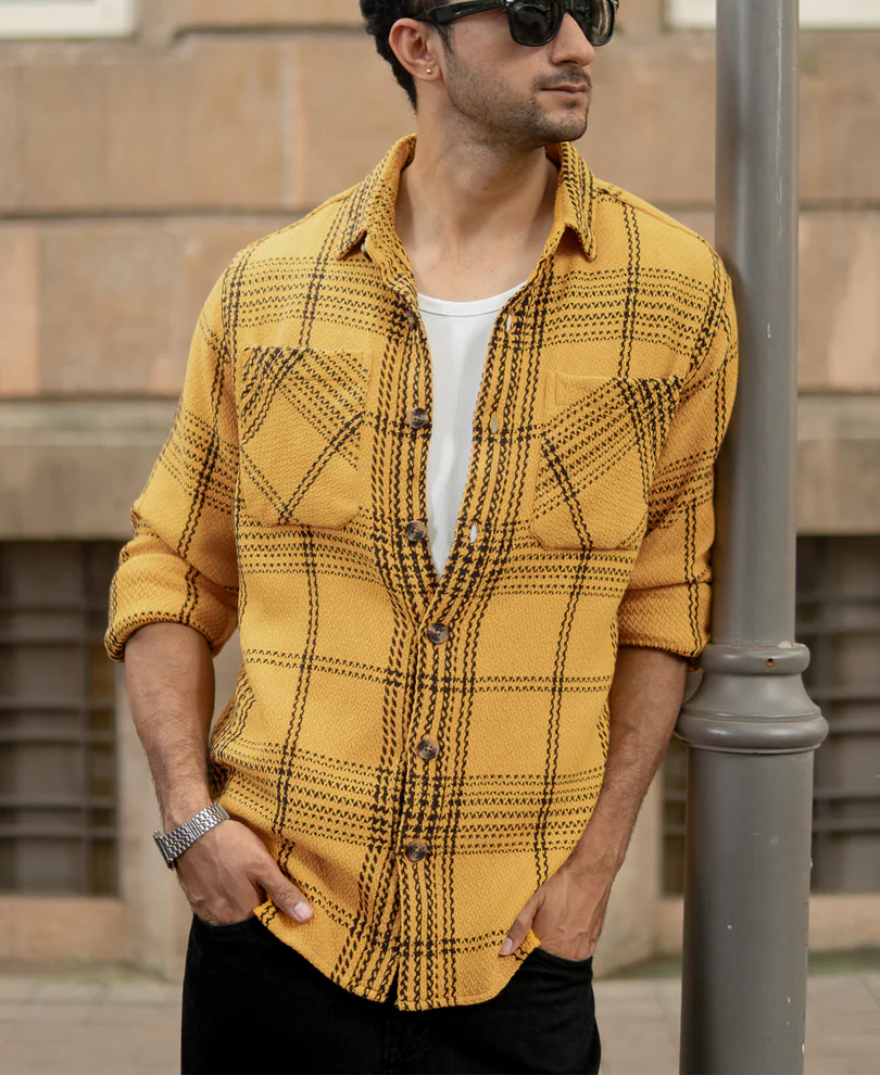 Mustard Yellow Structured Check Shirt - Image 2