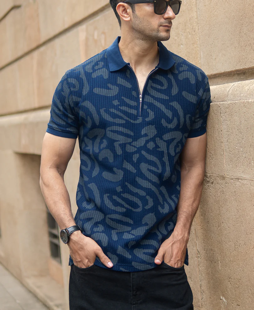 Navy Abstract Print Polo T-Shirt - Image 2
