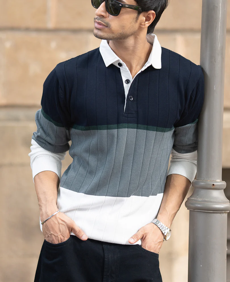 Navy Blue Panel Polo Collar Sweatshirt - Image 2