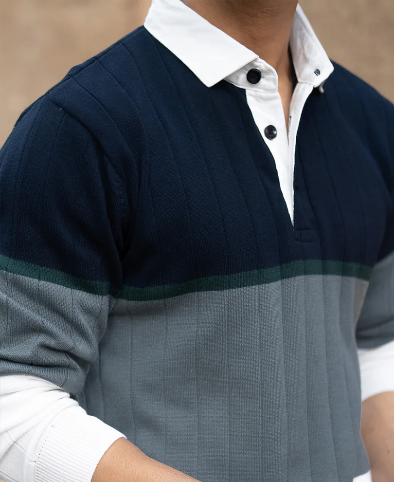 Navy Blue Panel Polo Collar Sweatshirt - Image 3