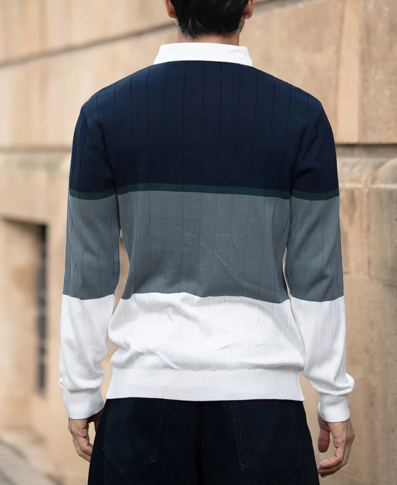 Navy Blue Panel Polo Collar Sweatshirt - Image 5