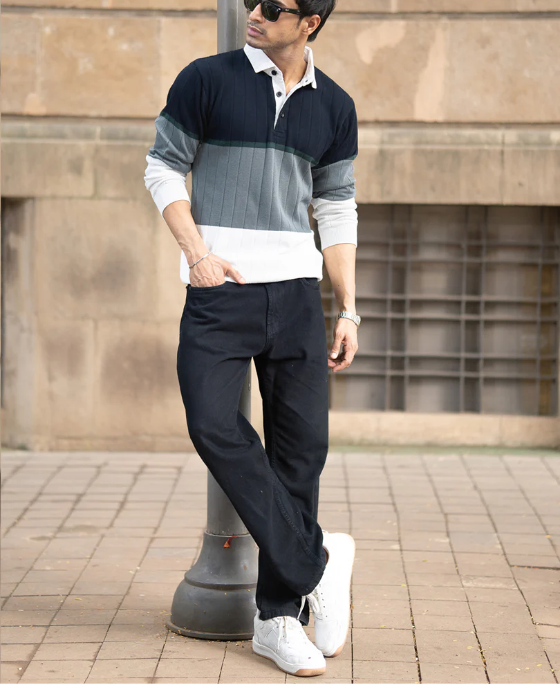 Navy Blue Panel Polo Collar Sweatshirt - Image 6