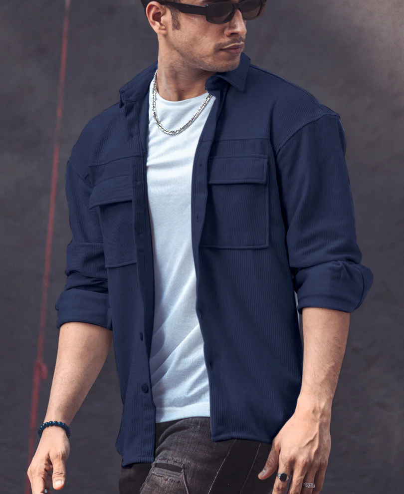 Navy Blue Pocket Oversize Shacket Drop Shoulder Shirt - Image 2