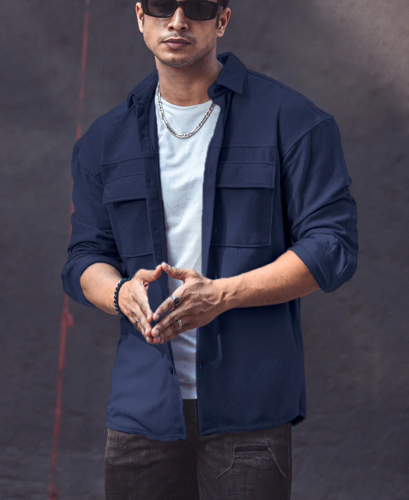 Navy Blue Pocket Oversize Shacket Drop Shoulder Shirt - Image 3
