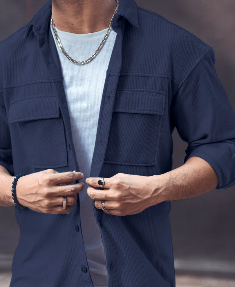 Navy Blue Pocket Oversize Shacket Drop Shoulder Shirt - Image 5