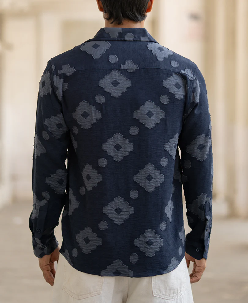 Navy Geometric Jacquard Shirt - Image 4