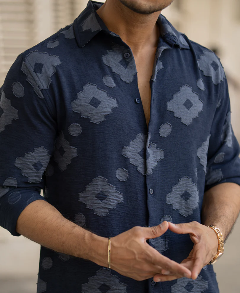 Navy Geometric Jacquard Shirt - Image 5