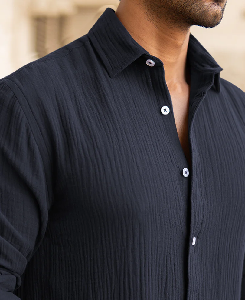 Navy Blue Regular Fit Full Sleeves Plain Shirt - Image 4