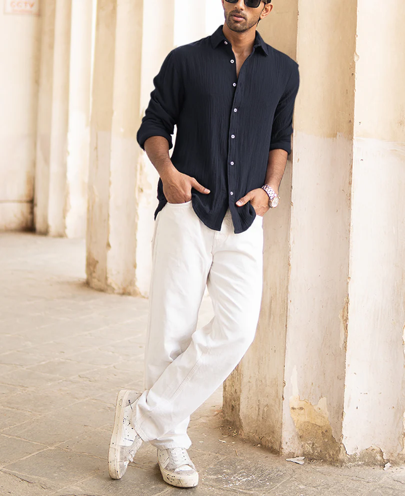 Navy Blue Regular Fit Full Sleeves Plain Shirt - Image 6