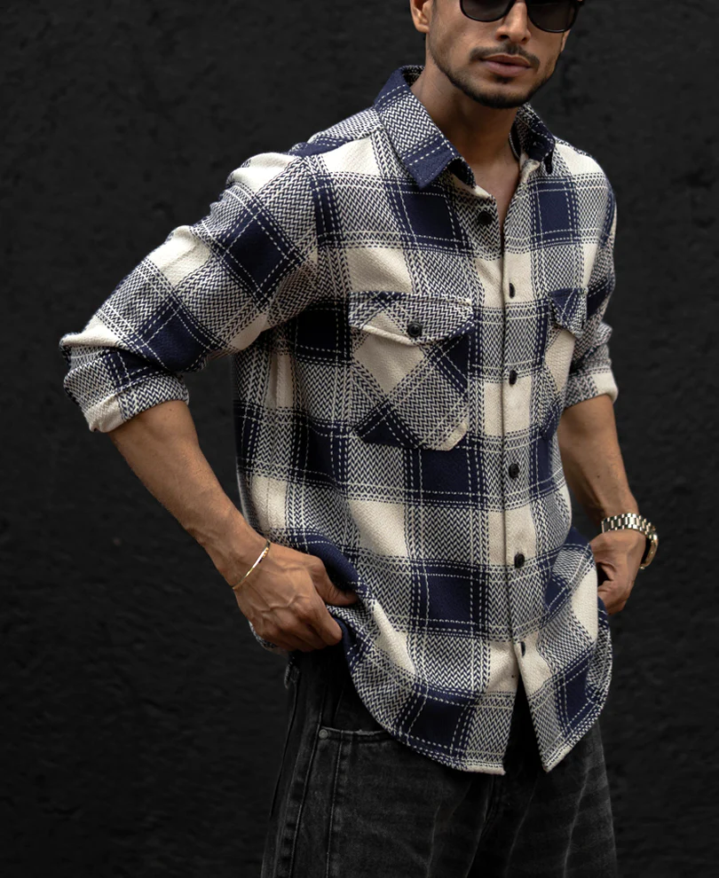 Navy Blue Regular Fit Checked Full Sleeves Shirt - Image 2