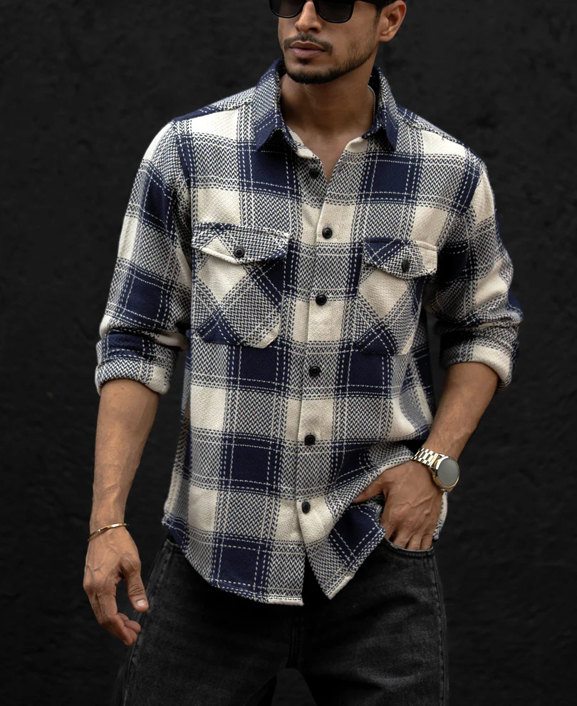 Navy Blue Regular Fit Checked Full Sleeves Shirt - Image 3