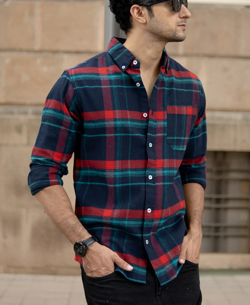 Navy Button Down Brushed Checks Shirt