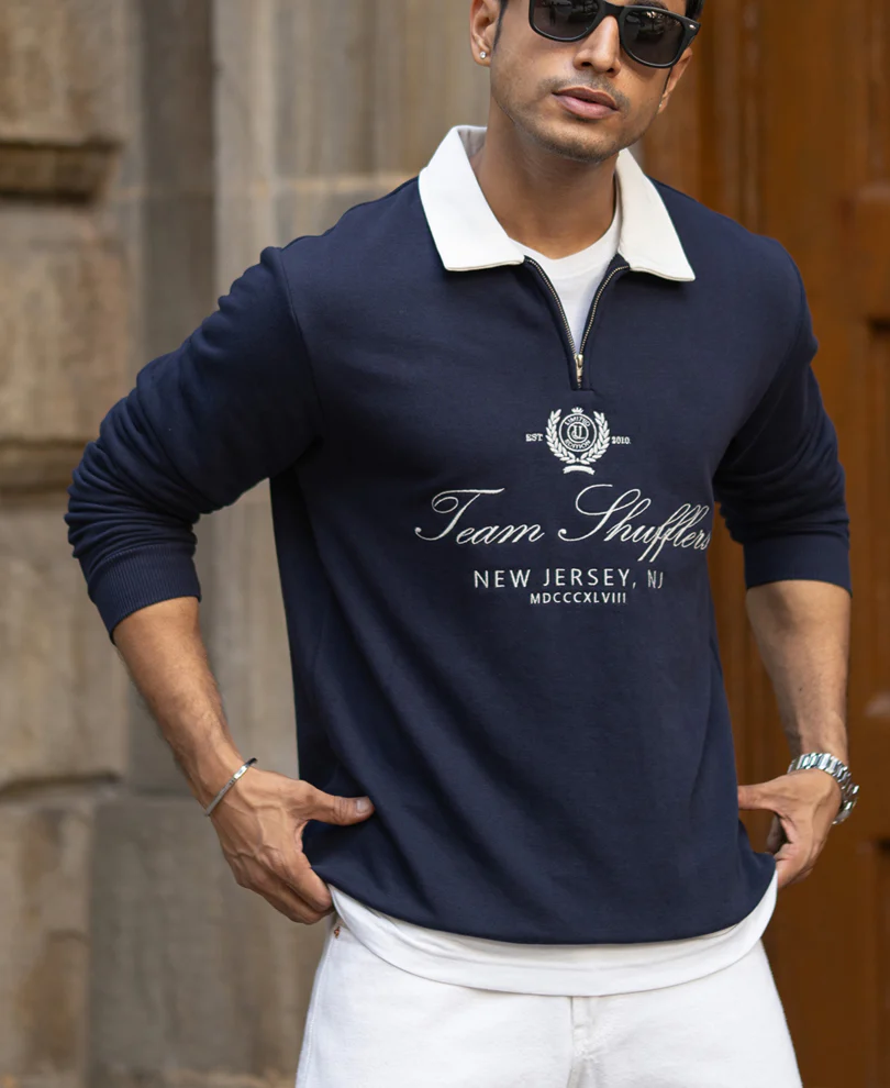 Navy Contrast Collar Embroidered Sweatshirt