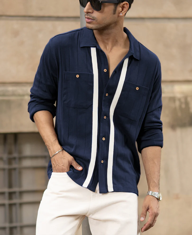 Navy Contrast Detail Shirt - Image 2