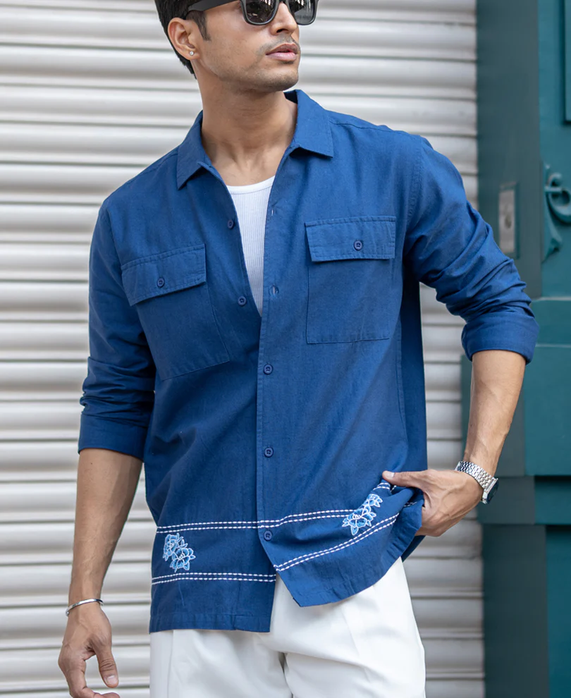 Navy Embroidered Linen Shirt