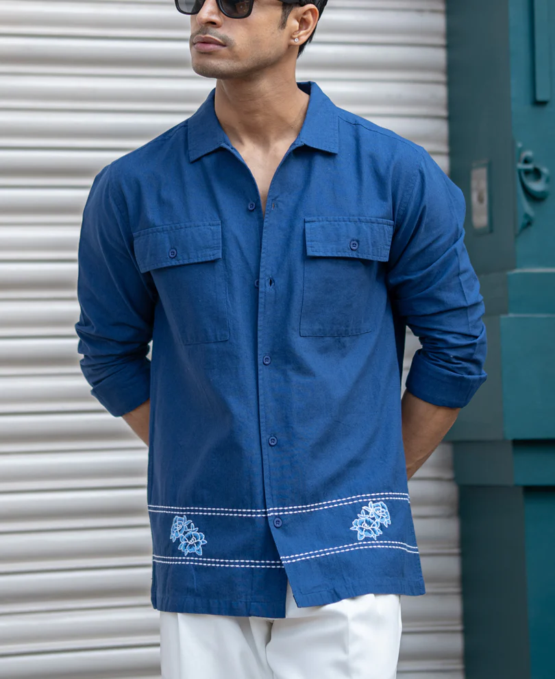 Navy Embroidered Linen Shirt - Image 2