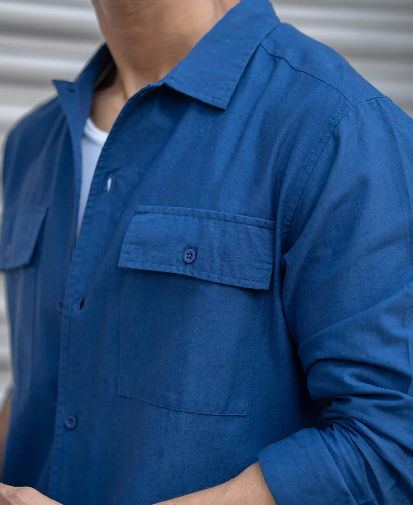 Navy Embroidered Linen Shirt - Image 3