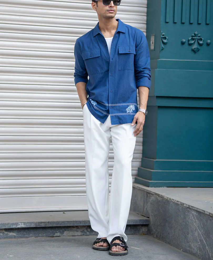 Navy Embroidered Linen Shirt - Image 6