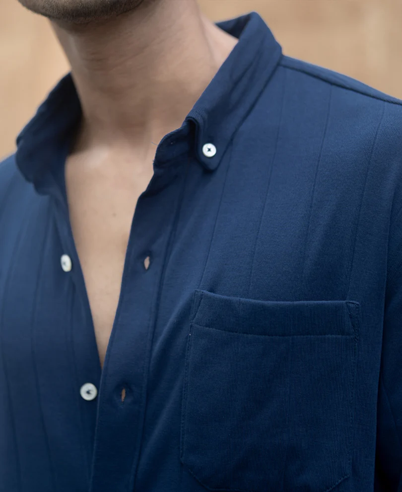 Navy Knitted Button Down Shirt - Image 2