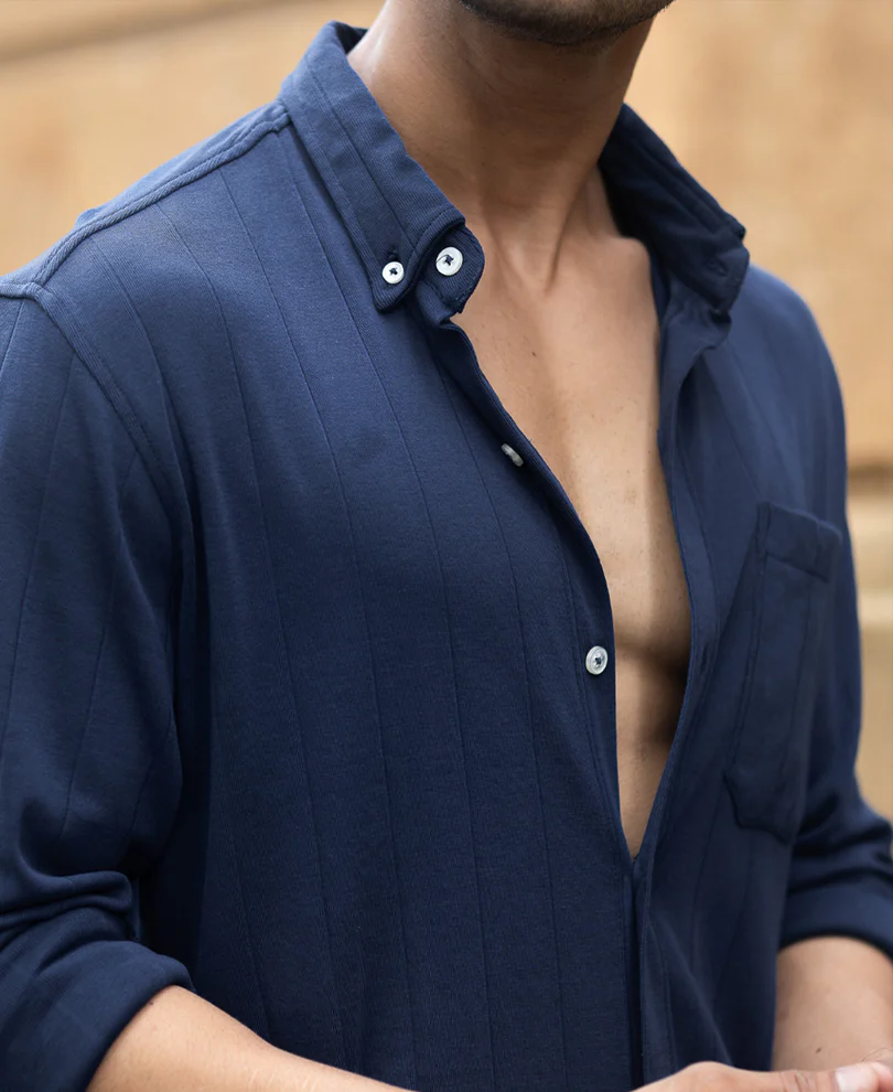 Navy Knitted Button Down Shirt - Image 4