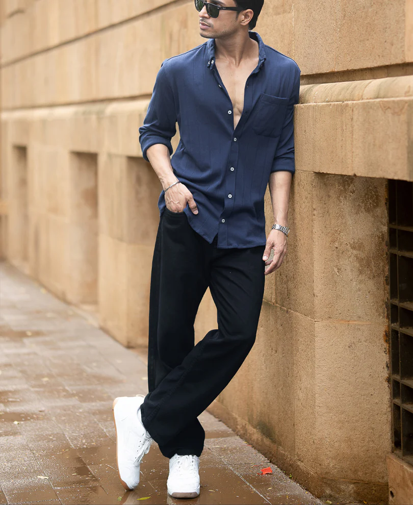 Navy Knitted Button Down Shirt - Image 6