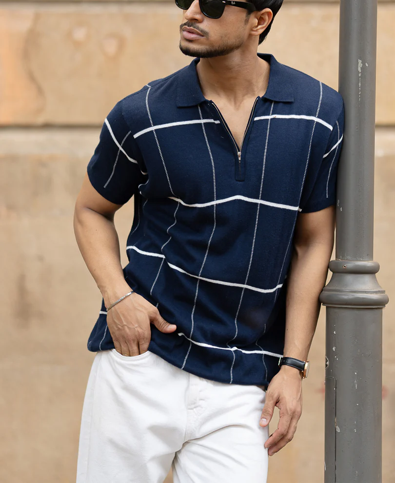 Navy Knitted Checks T-Shirt - Image 2